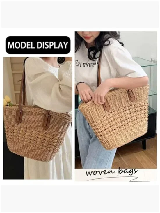 Large Straw Shoulder Bag Woven Tote Travel Handbag Purse - Picture 4 of 7